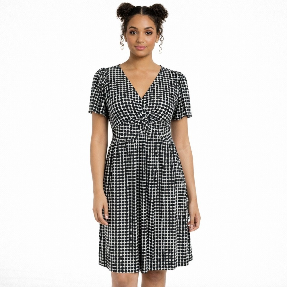 USA Vtg STUDIO M Size XS Black Cream Twist Front Puff Sleeve Fit and Flare Dress